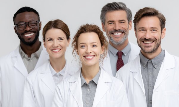 Happy multiethnic medical team smiling together, doctors and healthcare professionals united for patient care