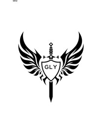 GLY Winged Sword and Shield Logo with GLY Letters, GLY Later Logo, Heraldic Emblem, Black and White Vector Design

