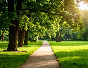 Fototapeta premium Peaceful park with trees and grassy path in natural light