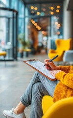 Fototapeta na wymiar Woman filling survey form while sitting on yellow chair in modern office lobby