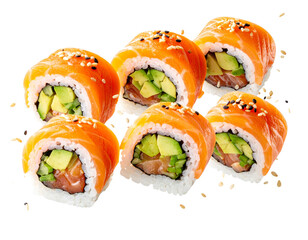 Salmon Avocado Sushi Rolls Floating with Scattered Sesame Seeds, Dynamic Mid-Air Composition, Isolated