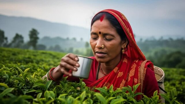 Happy labor day tea worker carefully picking leaves darjeeling india female tea harvest labor day hard work and drink concept lush tea garden scene