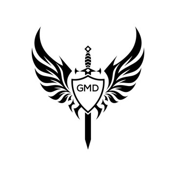 GMD Winged Sword and Shield Logo with GMD Letters, GMD Later Logo, Heraldic Emblem, Black and White Vector Design
