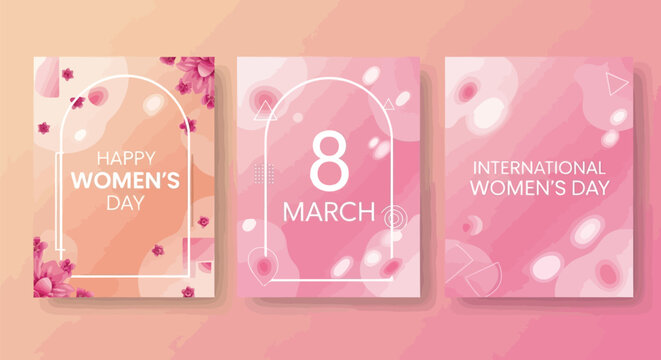 Vector illustration of happy womens day greeting cards and posters featuring abstract floral elements and a soft pink and orange color palette
