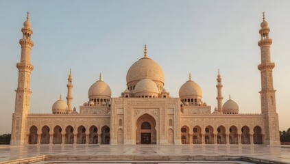 Obraz premium Stunning Islamic mosque architecture with golden sunset sky