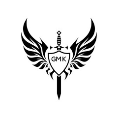 GMK Winged Sword and Shield Logo with GMK Letters, GMK Later Logo, Heraldic Emblem, Black and White Vector Design
