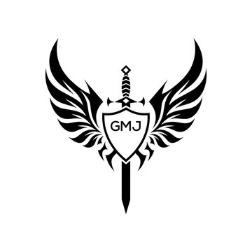 GMJ Winged Sword and Shield Logo with GMJ Letters, GMJ Later Logo, Heraldic Emblem, Black and White Vector Design
