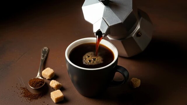 Dark brown coffee pouring into a black mug from espresso maker with sugar cubes perfect coffee preparation still life image