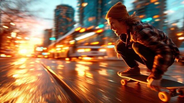 An action-packed shot of a skateboarder speeding through a city with vibrant lights, showcasing the thrill of urban exploration and youthful energy.