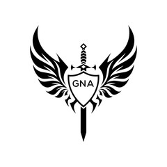 GNA Winged Sword and Shield Logo with GNA Letters, GNA Later Logo, Heraldic Emblem, Black and White Vector Design
