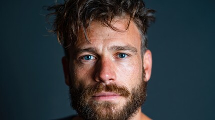 Fototapeta premium A close-up portrait of a strong man with scruffy hair and a determined expression, highlighting his rugged features against a dark background in a striking studio setting.