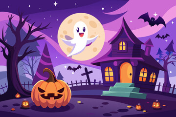 Spooky halloween night with a haunted house, ghost, pumpkin, and bats under the full moon