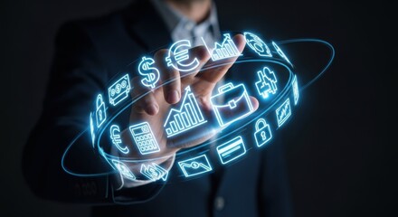Businessman Interacting with Futuristic Financial and Business Icon Hologram Ring