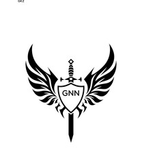 GNN Winged Sword and Shield Logo with GNN Letters, GNN Later Logo, Heraldic Emblem, Black and White Vector Design
