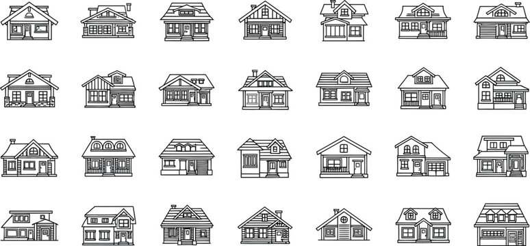 Houses icons set of home, building, architecture, real estate, property, residence, dwelling, construction, exterior, facade, roof, window, door, chimney and garage