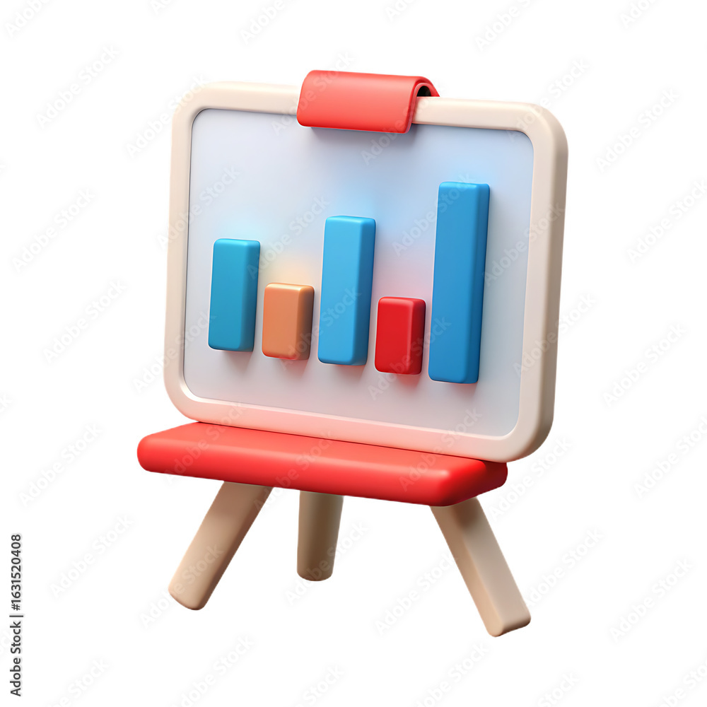 Poster a 3d render of a bar chart on a whiteboard with a red easel, isolated on transparent background