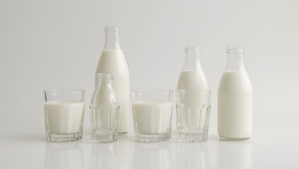 Fresh milk bottles and glasses on white background