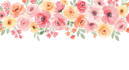 Watercolor floral border with peach, pink and yellow flowers and green leaves illustration on white background for design