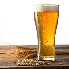 Close-up of golden beer in a clear glass with frothy head, set against black background. Warm light highlights amber color. Barley grains rest on wooden surface in foreground.