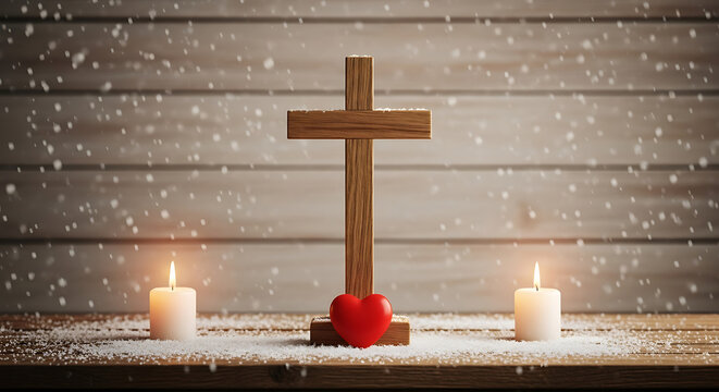Wooden cross stands next to a red heart and a lit candle on a snowy wooden surface against a rustic wooden wall.