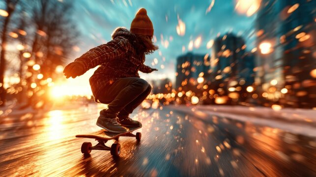 A young skateboarder performs an impressive trick against a vibrant sunset backdrop, emphasizing motion and energy in an urban environment filled with colors. - Powered by Adobe