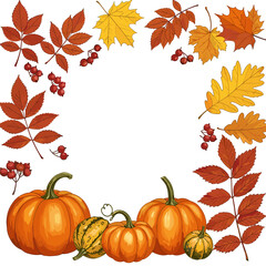 Autumn harvest illustration featuring pumpkins, squash, colorful leaves, and red berries in a decorative frame for fall season designs