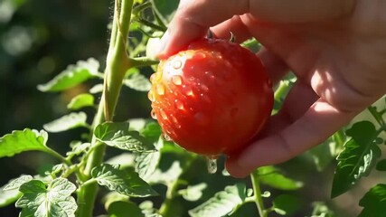 Ripe red tomato with fresh water droplets ready for harvesting in garden - Powered by Adobe