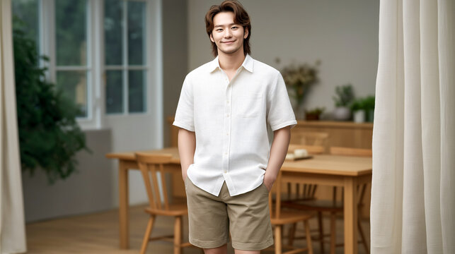 Content Man's casual pose: a fashion-forward man stands confidently in a modern setting. With a relaxed posture and charming smile, he embodies the elegance of casual living.