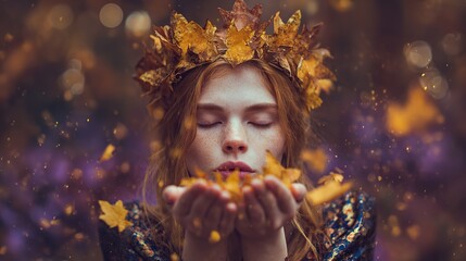 Naklejka premium Woman Wearing Crown of Autumn Leaves Blowing Fallen Leaves from Hands with Eyes Closed, Surrounded by Warm Golden Bokeh and Ethereal Light, Symbolizing Fall Beauty and Tranquility