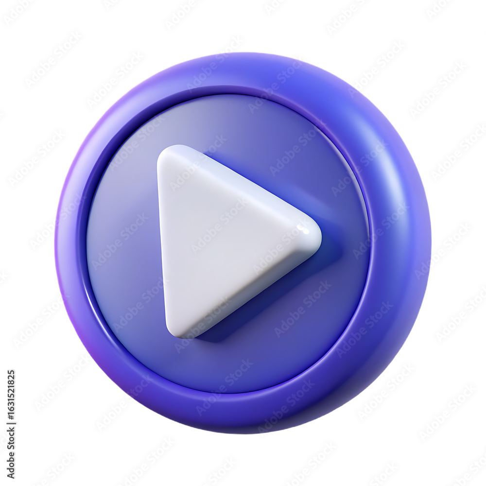 Poster 3d rendered play button icon with a white triangle inside a purple circle, isolated on transparent b