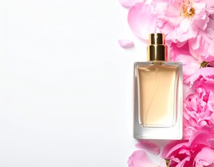Floral elegance, perfume bottle, and pink blooms create a delicate, refined composition, highlighting beauty, freshness, and softness, perfectly isolated on a pristine white background, evoking luxury