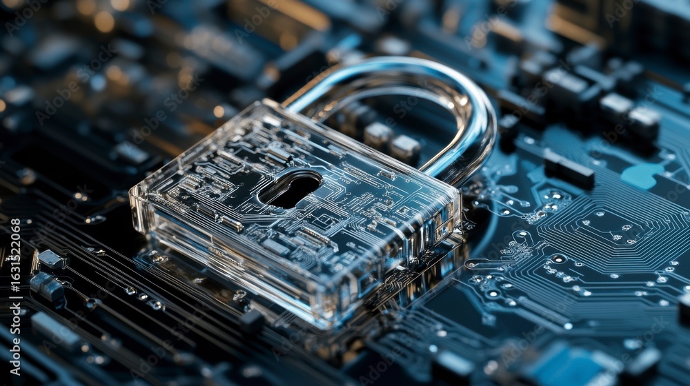 Poster transparent padlock on a circuit board, symbolizing digital security and data protection. (1)