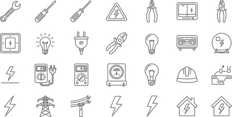 Obraz premium Collection of electricity and electrician tools and equipment icons, including wrench, screwdriver, pliers, cable, bulb, plug, meter, helmet, lightning, tower, and house