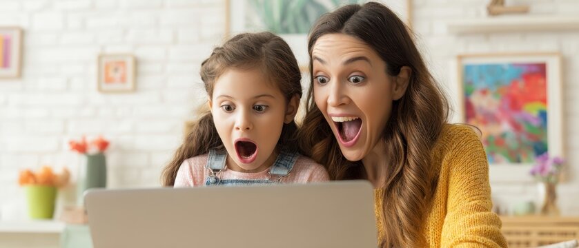 The joyful moment between a mother and daughter while watching a laptop. - Powered by Adobe