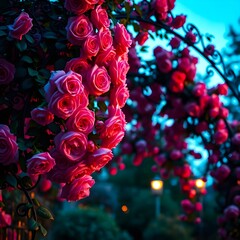 Fototapeta premium Low-Angle Close-Up of Vibrant Pink Roses on a Romantic Wrought Iron Garden Archway at Dusk with Glowing Streetlights, Deep Teal and Blue Background, Ultra-Detailed Floral Texture, Perfect for Nature, 