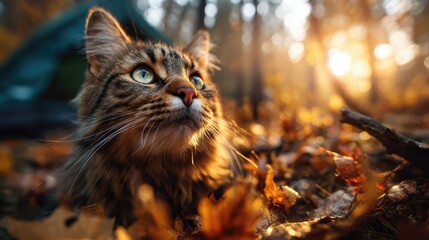 This captivating image features a curious cat staring into the distance, surrounded by the beautiful golden hues of autumn leaves, capturing a serene moment in nature.