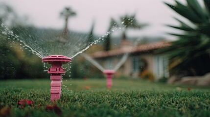 Pink sprinkler head watering a lawn.