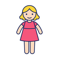 Fototapeta premium Cheerful cartoon girl with blonde hair and a pink dress, depicted in a simple, flat, outlined icon style.