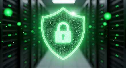 Digital shield with padlock symbolizes cyber security and data protection in a modern server room with glowing green lights