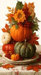 Colorful autumn arrangement with pumpkins and flowers on a patterned tablecloth in a cozy setting