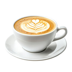 Latte Art in White Cup with Heart Design, Coffee Beverage on Saucer, Creamy Espresso Drink for Morning Energy and Cafe Menu on transparent background