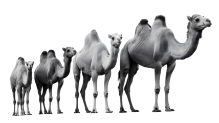 A grayscale image showing a line of camels of varying sizes against a white isolated background view on transparent background