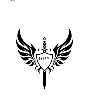 GPY Winged Sword and Shield Logo with GPY Letters, GPY Later Logo, Heraldic Emblem, Black and White Vector Design
