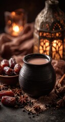 Dark, warm beverage with dates and spices