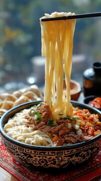 A bowl of appetizing lagman with noodles is presented, lifted by chopsticks, showcasing the dish's appealing presentation and inviting viewers to appreciate this culinary creation.
