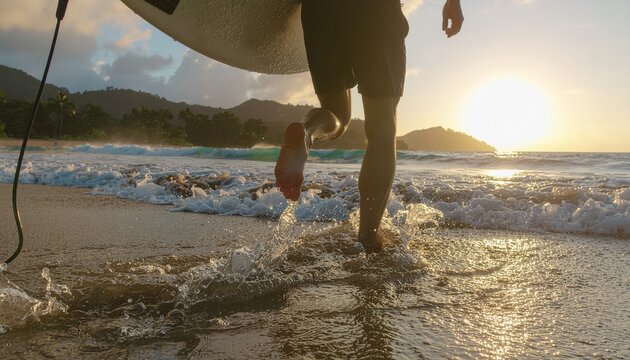 Man surfer run in ocean with surfboard. Active vacation, health lifestyle and sport concept image