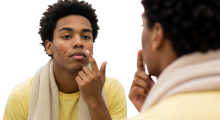 Young man examining acne on his face in the mirror isolated on transparent background