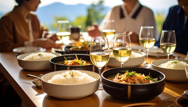 Friends dining al fresco with enjoying white wine and delicious Asian cuisine.