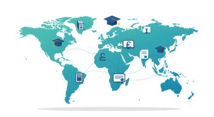 A stylized world map with educational and financial icons, illustrating global concepts.