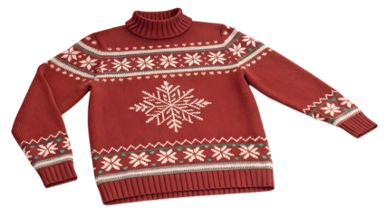 Photo of a red knitted winter sweater with a snowflake pattern, perfect for christmas and the holiday season, isolated on transparent background